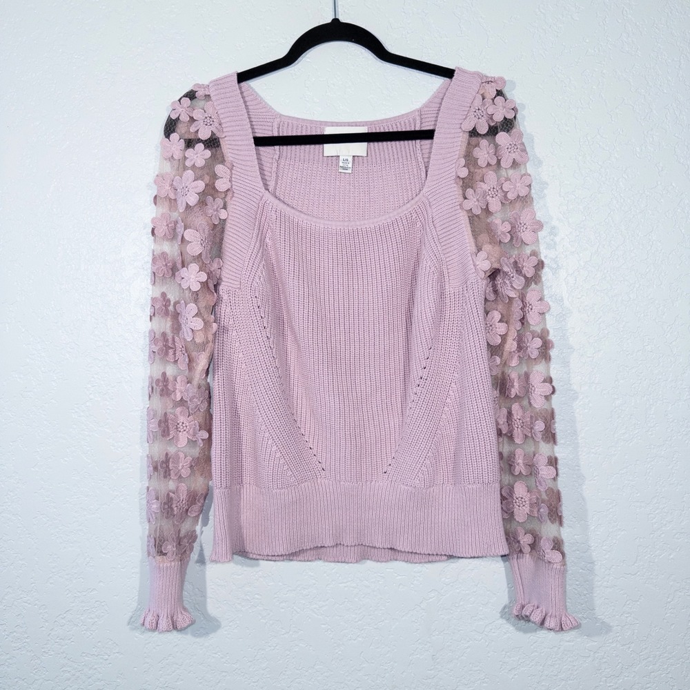 New Industry Pink Floral Appliqué Sheer Sleeve Sweater Size‎ Large